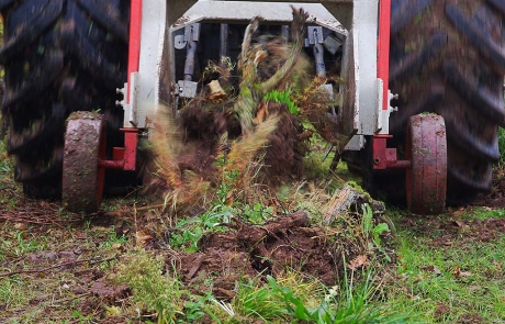 Nahaufnahme eines Traktors, der den Boden bearbeitet, wobei Erde, Gras und Pflanzen von den rotierenden Messern am Heck der Maschine aufgewirbelt werden.