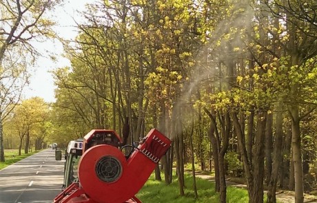 Eine rote Landmaschine sprüht Nebel auf die Bäume am sonnigen Straßenrand, der von grünem Gras und hohen, belaubten Bäumen gesäumt ist. Die Straße erstreckt sich vor uns unter einem klaren Himmel.