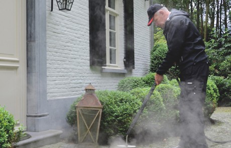 Eine Person in schwarzer Arbeitskleidung und einer Mütze reinigt mit einem Dampfreinigungsgerät den Steinweg vor einem weißen Backsteinhaus, in dessen Nähe sich Grünpflanzen und eine Laterne befinden. Um das Reinigungsgerät herum steigt Dampf auf.