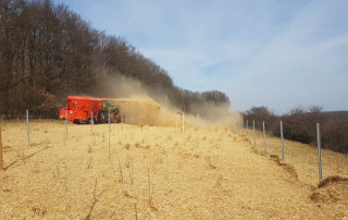 Ein roter Traktor zieht ein Gerät durch ein trockenes, strohbedecktes Feld in der Nähe eines Waldes und wirbelt dabei eine große Staubwolke unter blauem Himmel auf. Metallene Zaunpfähle säumen die rechte Seite des abfallenden Feldes.