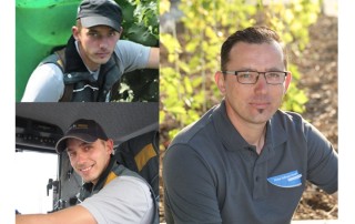 Drei Fotos desselben Mannes bei der Arbeit: oben links im Freien mit Mütze und Weste, unten links in einem Fahrzeug, lächelnd, und rechts mit Brille und Polohemd, mit deutschem Text, der zum 15-jährigen Bestehen des Unternehmens gratuliert.
