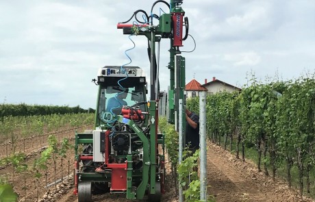 Ein maschineller Traktor arbeitet in einem Weinberg und beschneidet oder pflegt die Weinreben. Unter einem wolkenverhangenen Himmel erstrecken sich grüne Rebzeilen in die Ferne, und im Hintergrund ist ein Gebäude zu sehen.