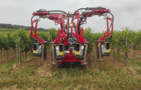 Eine rot-silberne Landmaschine steht in einem Weinberg unter wolkenverhangenem Himmel zwischen Reihen von Weinstöcken, mit grünem Laub und Pfosten, die die Reben auf beiden Seiten stützen.